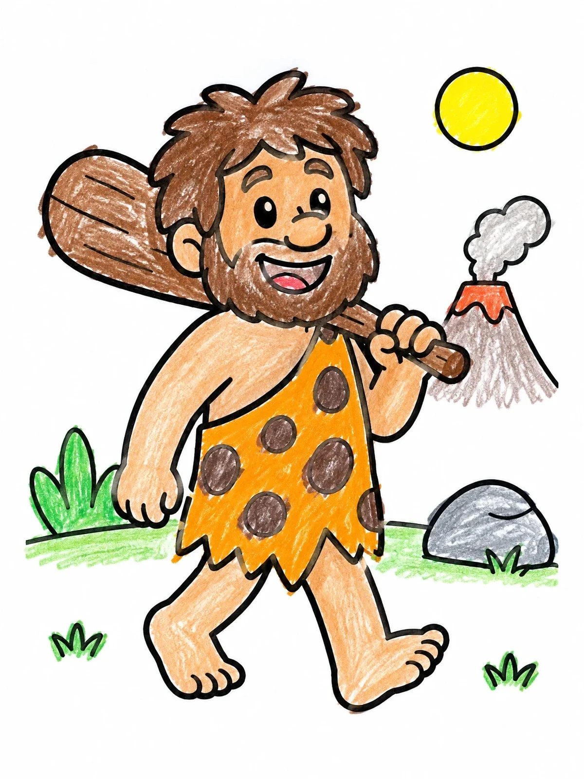 Colored example of the Cheerful Caveman With Club Walking coloring page