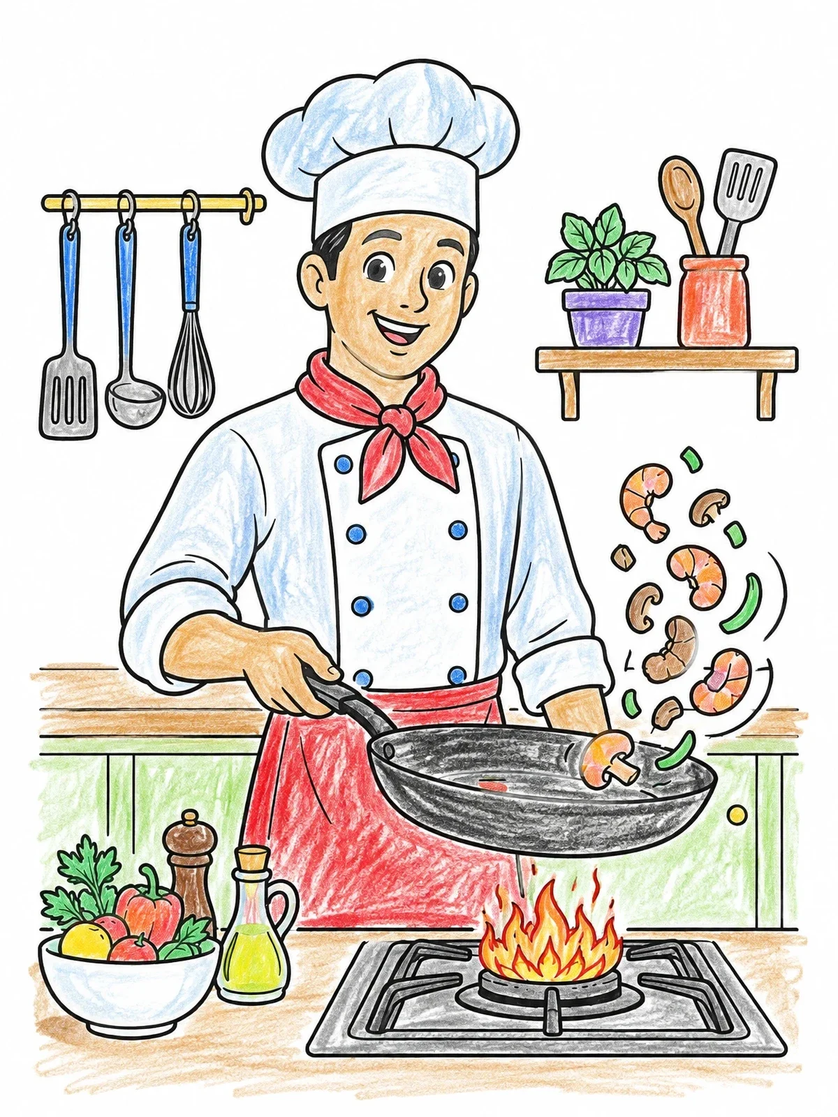 Colored example of the Smiling Chef Flipping Food At The Stove coloring page