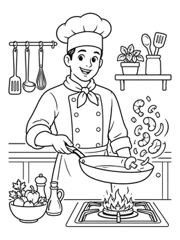 A cheerful chef cooking at a gas stove on this detailed chef coloring page.