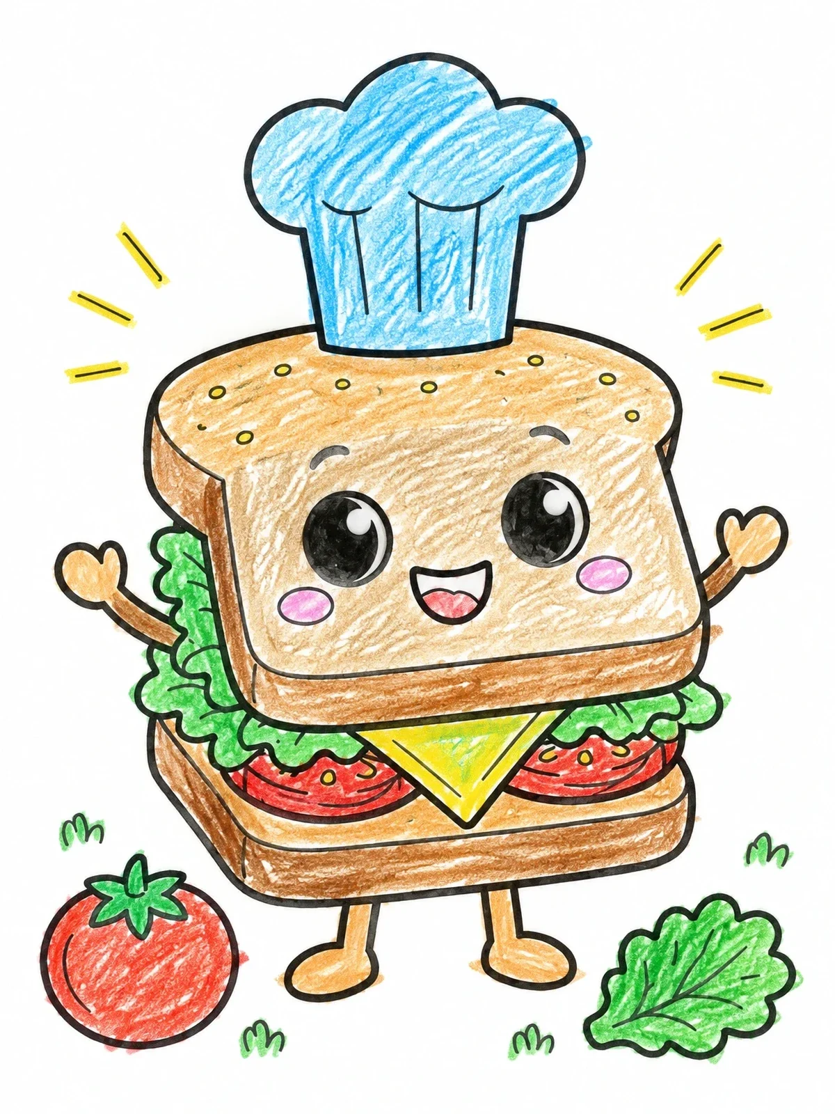 Colored example of the Cheerful Chef Sandwich Character coloring page