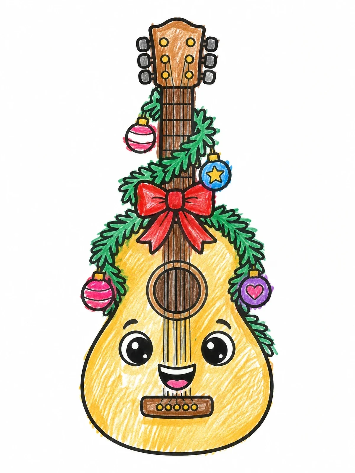 Colored example of the Cheerful Christmas Acoustic Guitar coloring page