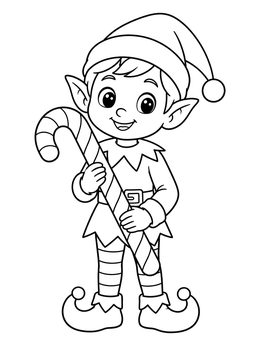 A cheerful elf coloring page featuring a smiling holiday helper holding a giant striped candy cane.