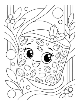 A cheerful fruitcake character smiles on this cute christmas food coloring page.