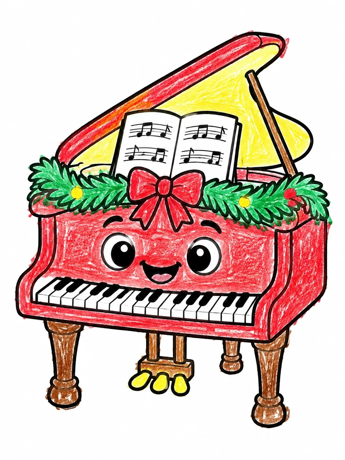Colored example of the Cheerful Christmas Grand Piano coloring page