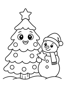A happy snowman holding a star beside a smiling tree in this christmas tree coloring page.