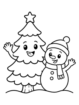Free printable Cheerful Christmas Tree And Snowman coloring page