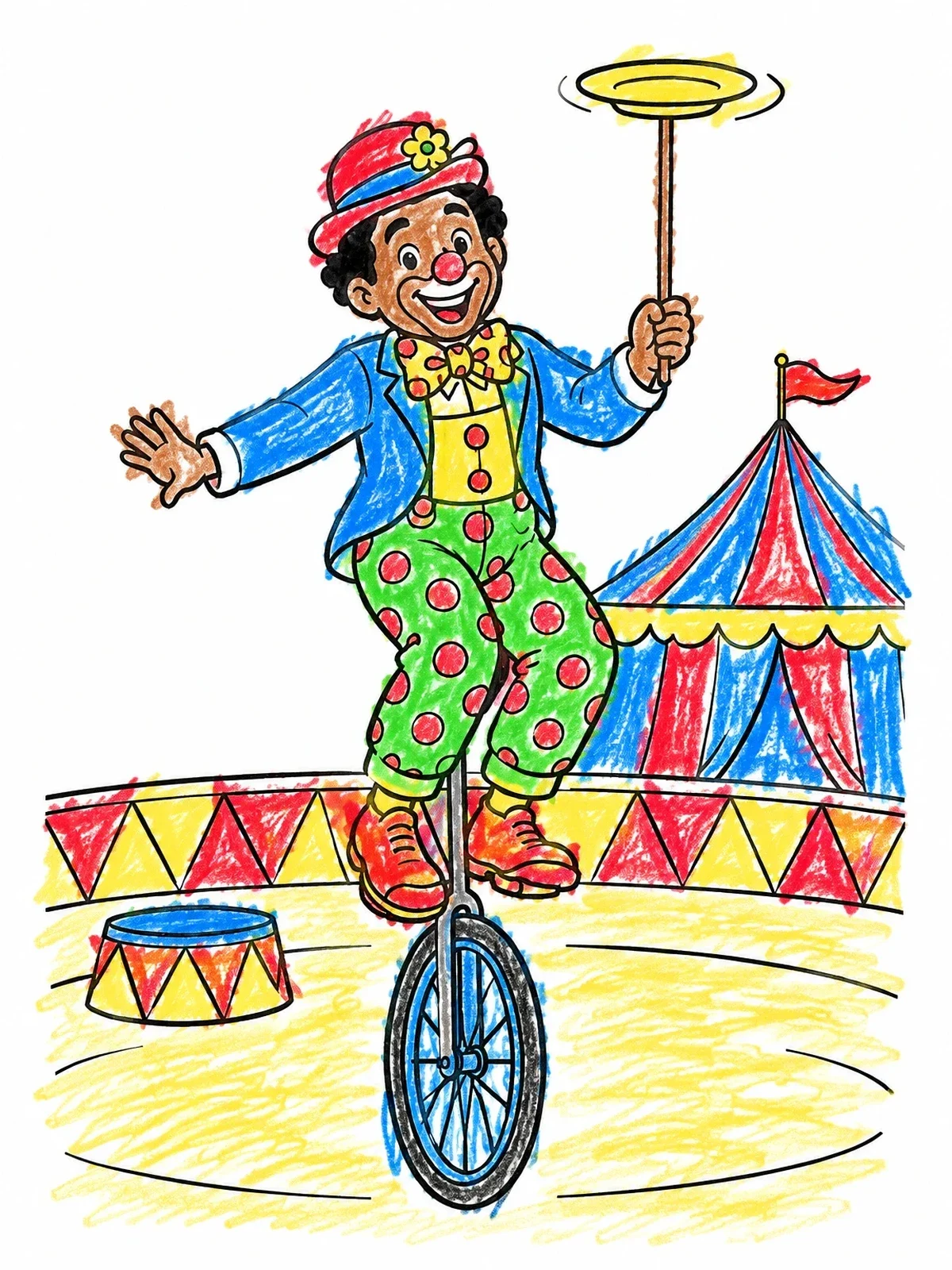 Colored example of the Cheerful Clown On A Unicycle coloring page