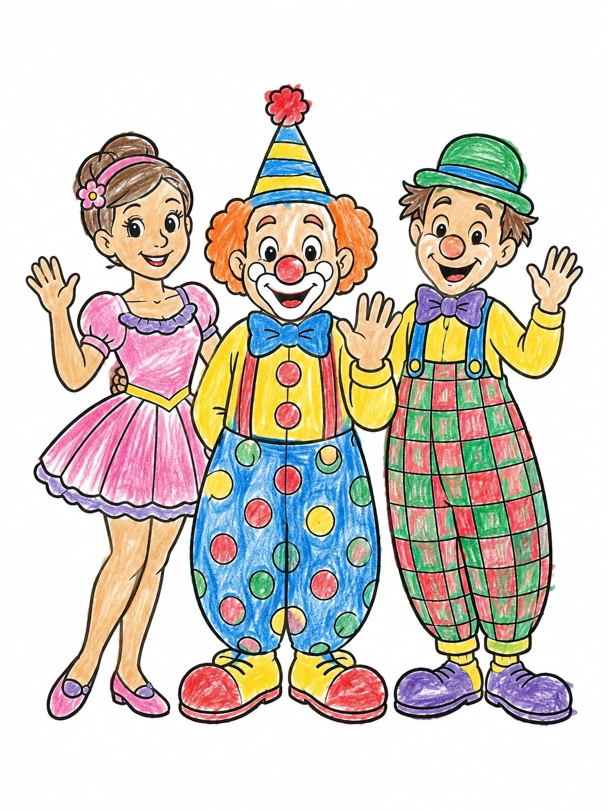 Colored example of the Cheerful Circus Performers And Clowns coloring page