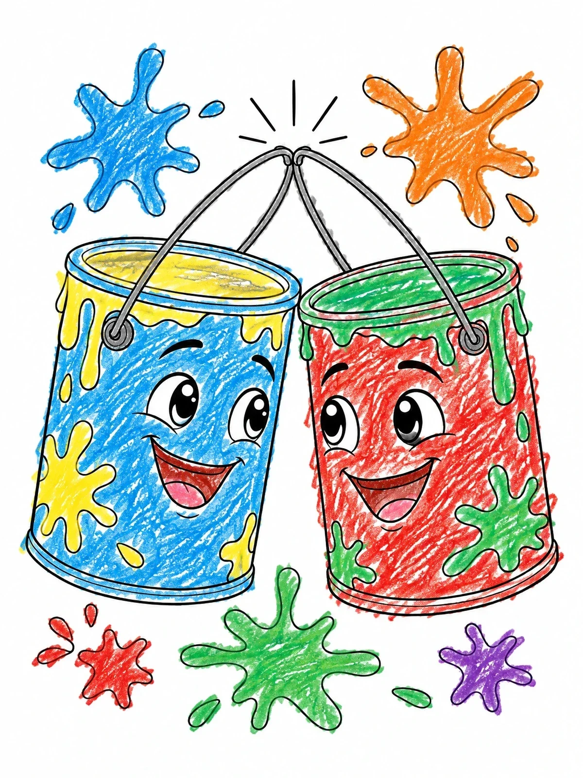 Colored example of the Cheerful Clinking Paint Cans coloring page
