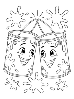 Two smiling cartoon cans clink handles in this fun paint can coloring page surrounded by splatters.
