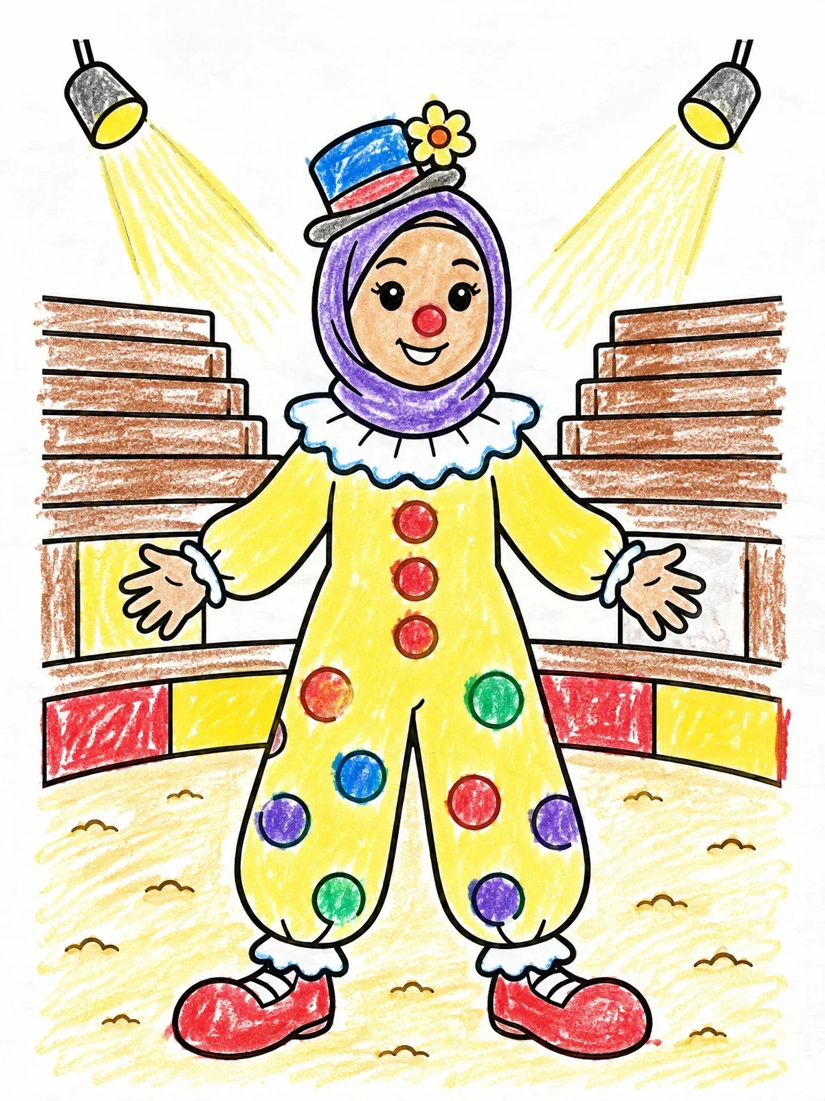 Colored example of the Cheerful Clown In The Circus Ring coloring page