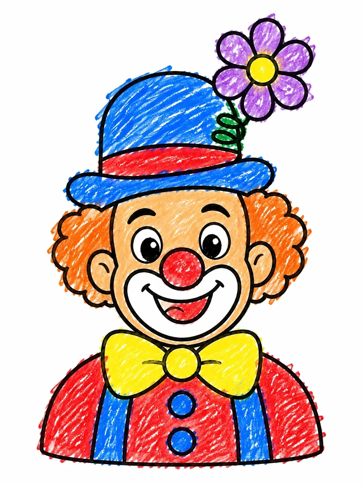 Colored example of the Cheerful Clown With Flower Hat coloring page