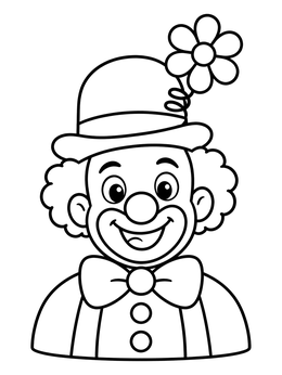 A smiling clown coloring page featuring a bowler hat with a springy daisy and big bow tie.
