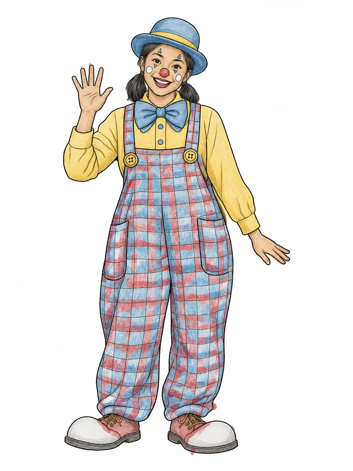 Colored example of the Cheerful Clown In Plaid Overalls coloring page