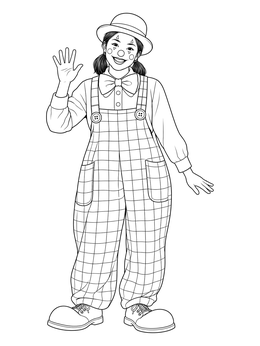 A friendly performer greets everyone in this clown coloring page with plaid overalls.