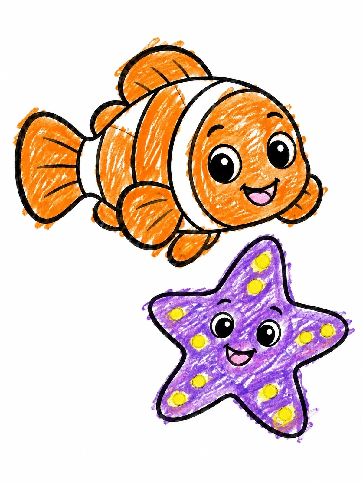 Colored example of the Cheerful Clownfish And Sea Star coloring page