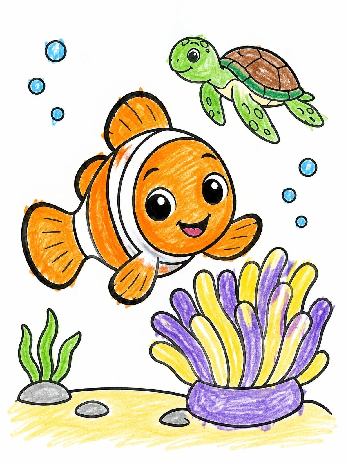Colored example of the Cheerful Clownfish And Sea Turtle coloring page
