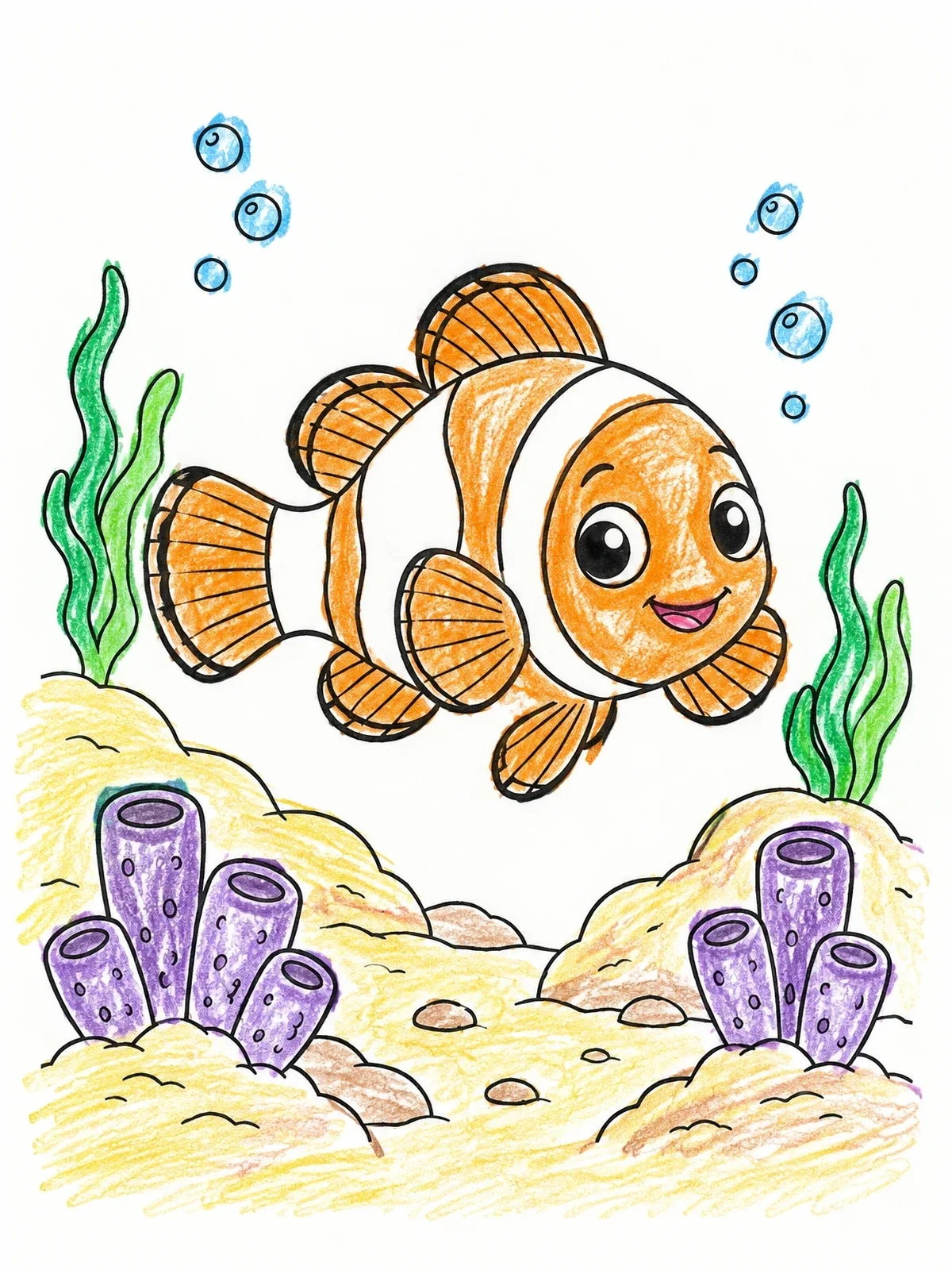Colored example of the Cheerful Clownfish Over Tube Sponges coloring page
