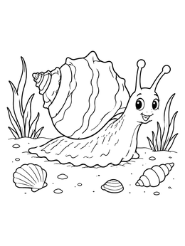 A cheerful snail coloring page with a conch shell crawling on a sandy beach near seashells.