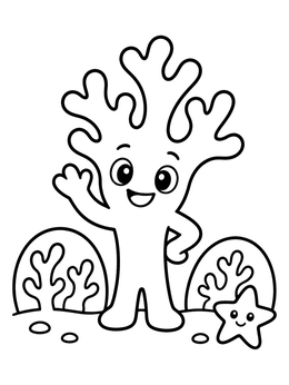 A friendly waving coral character stands on this cute coral coloring page with a little starfish.