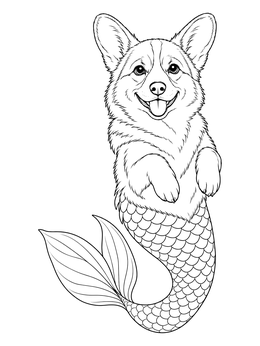 Free printable Cheerful Corgi Mermaid Dog coloring page
