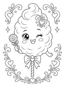 A cheerful cotton candy coloring page showing a winking sweet treat holding a lollipop surrounded by decorative hearts.