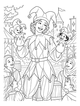 Children watch a smiling performer in this detailed jester coloring page featuring hand puppets and a castle.