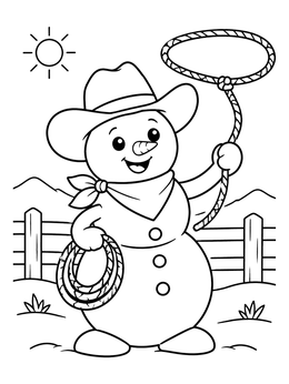 Free printable Cheerful Cowboy Snowman With Lasso coloring page