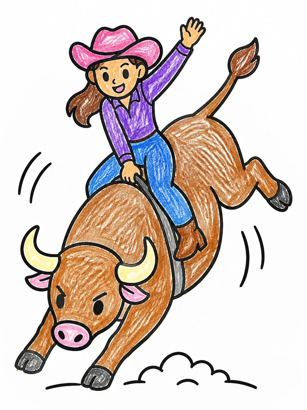 Colored example of the Cheerful Cowgirl Riding A Bucking Bull coloring page