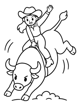 A smiling cowgirl on this bull coloring page rides a bucking rodeo bull.