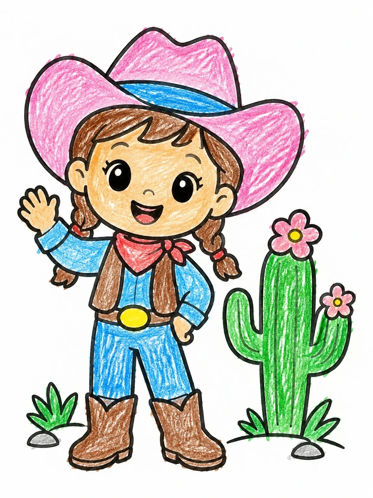 Colored example of the Cheerful Cowgirl By Flowering Cactus coloring page