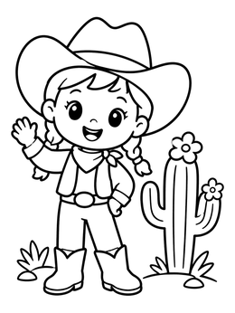 Free printable Cheerful Cowgirl By Flowering Cactus coloring page