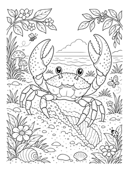 A happy crab coloring page showing large claws raised on a sandy seashore.