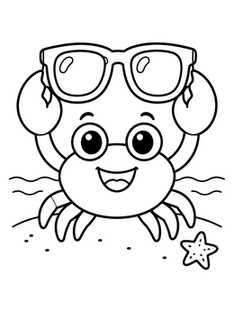 A cute sunglasses coloring page featuring a smiling beach crab holding large shades above its head.