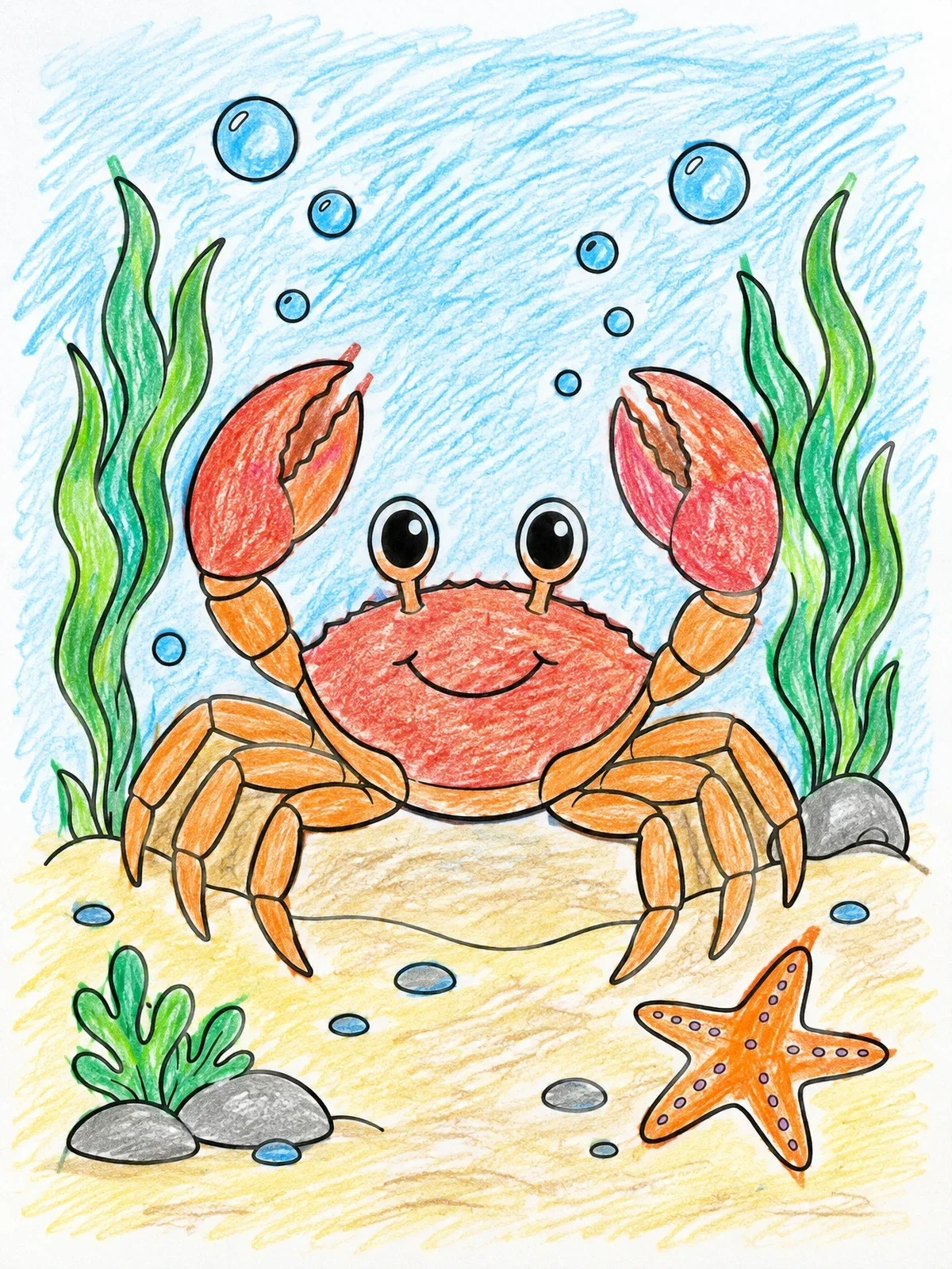 Colored example of the Cheerful Crab On The Ocean Floor coloring page