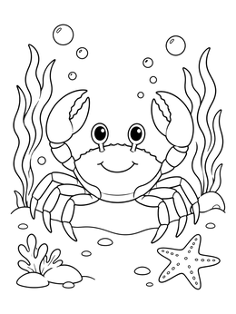 A happy smiling crab coloring page with a starfish and seaweed on the sea floor.