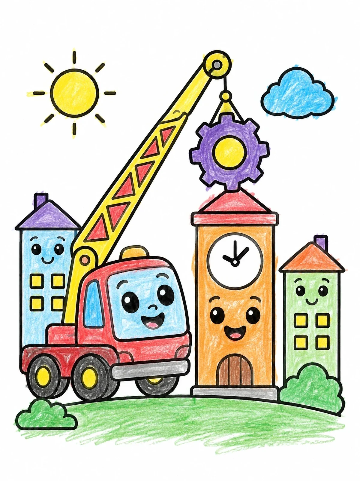 Colored example of the Cheerful Crane Truck Fixing Clock Tower coloring page
