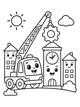 Free printable Cheerful Crane Truck Fixing Clock Tower coloring page