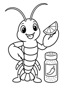 A friendly crawfish coloring page holding a fresh lemon wedge next to a spice jar.
