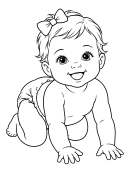 A cheerful baby coloring page showing an infant crawling on hands and knees with a sweet bow in her hair.