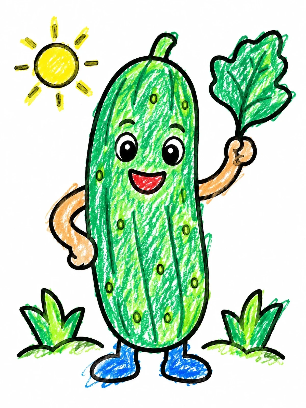 Colored example of the Cheerful Cartoon Cucumber Holding A Leaf coloring page