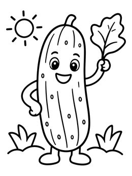 Free printable Cheerful Cartoon Cucumber Holding A Leaf coloring page