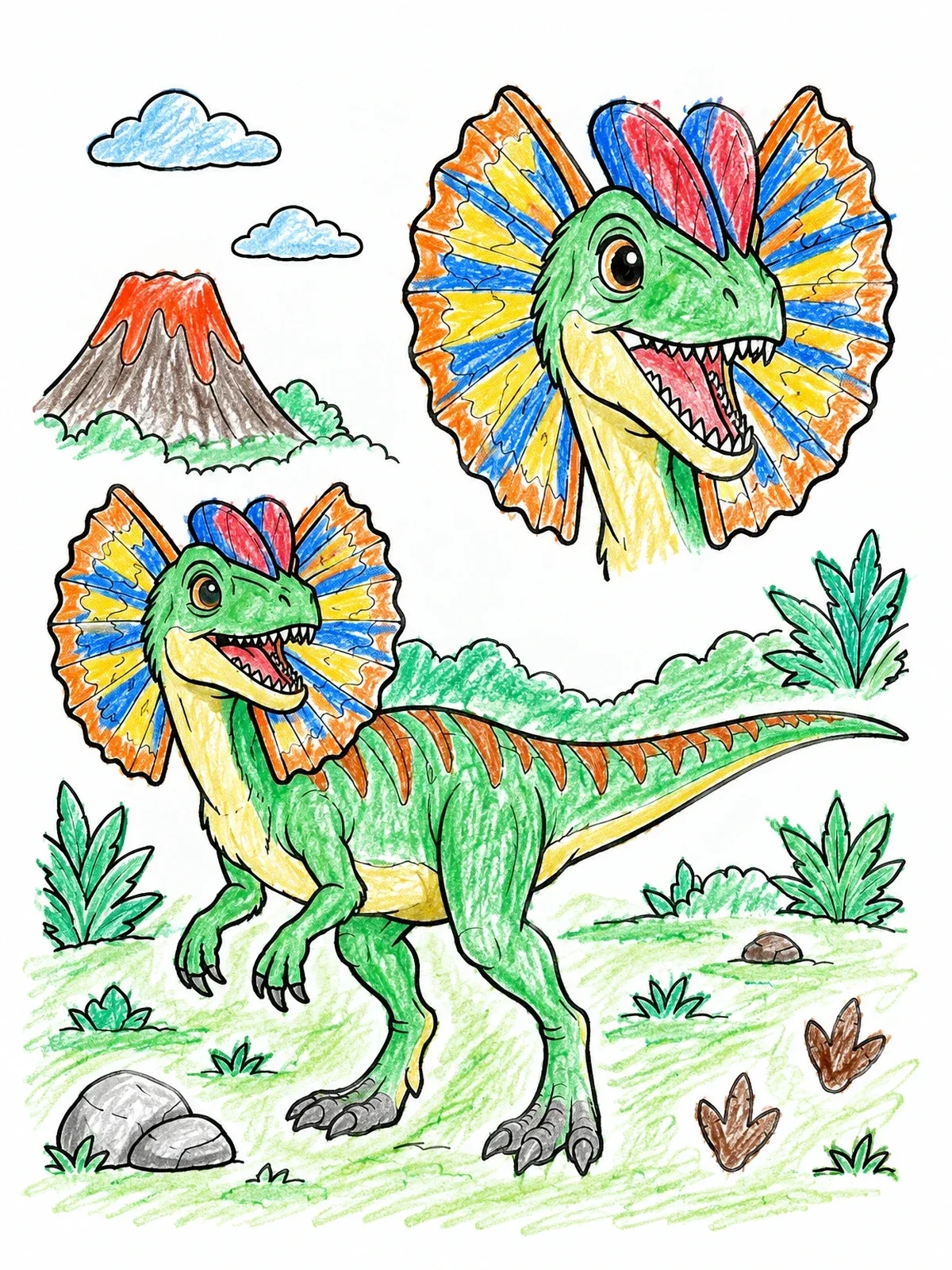 Colored example of the Cheerful Frilled Dilophosaurus In Prehistoric Landscape coloring page
