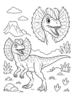 Free printable Cheerful Frilled Dilophosaurus In Prehistoric Landscape coloring page