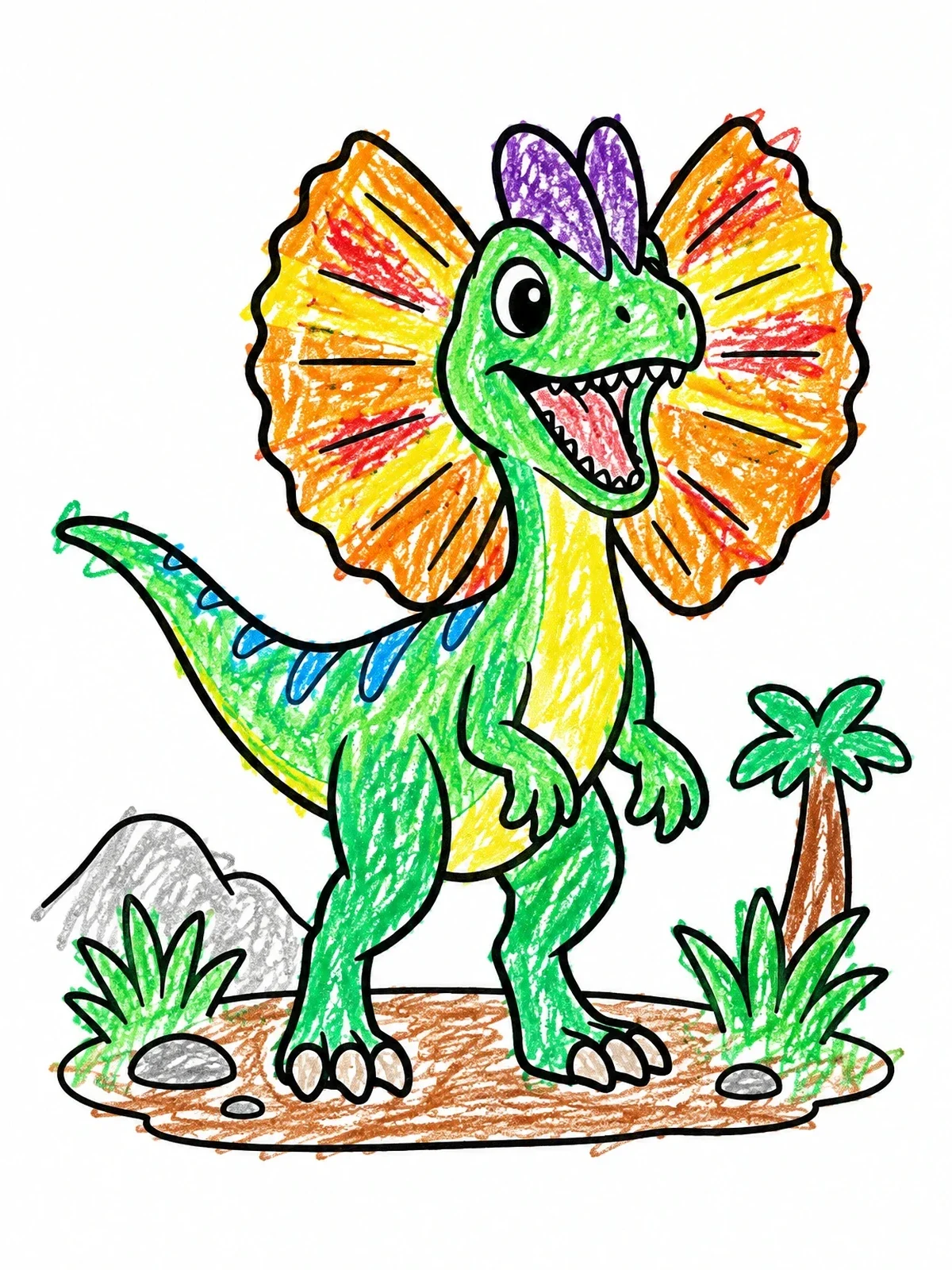 Colored example of the Cheerful Dilophosaurus With Open Frill coloring page