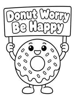 Free printable Cheerful Donut Holding A Happy Sign coloring page