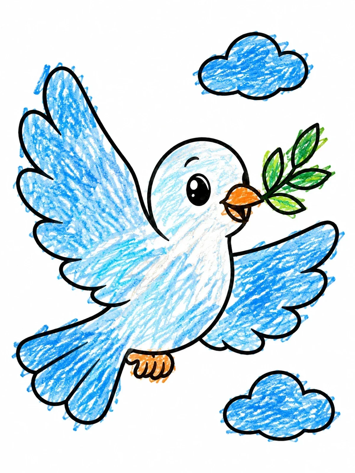 Colored example of the Cheerful Dove Flying With Olive Branch coloring page