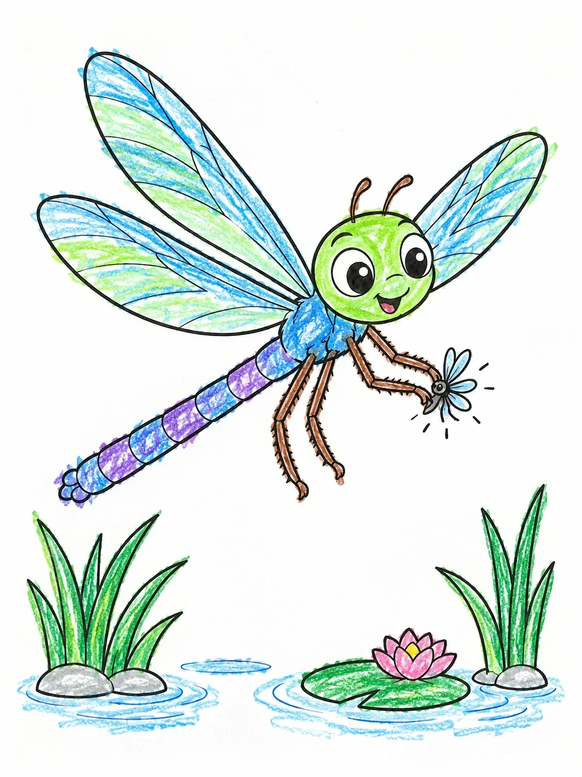 Colored example of the Cheerful Dragonfly Catching A Bug coloring page