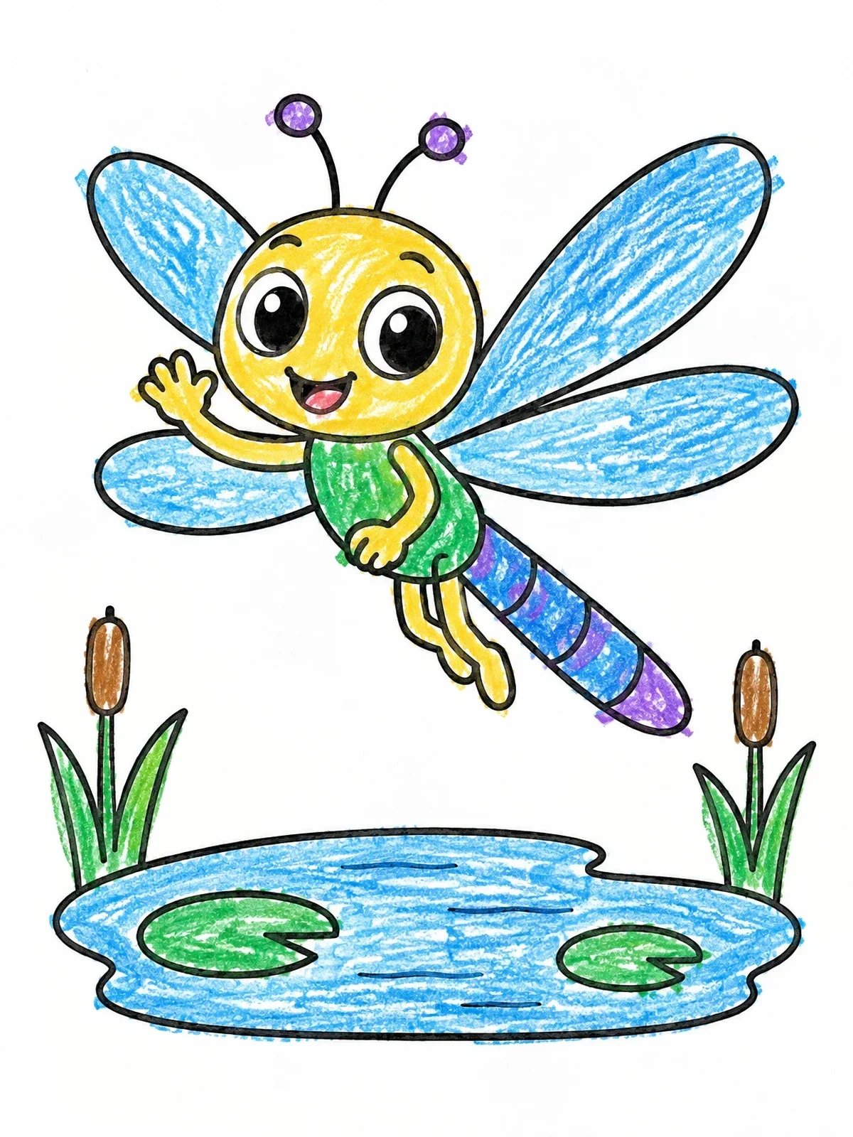 Colored example of the Cheerful Dragonfly Flying Over Pond coloring page
