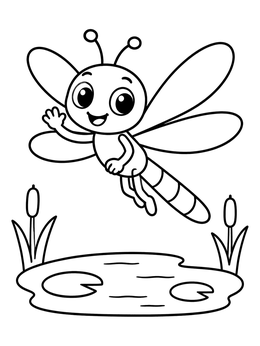 A cheerful cartoon dragonfly coloring page waving over a small pond with cattails.